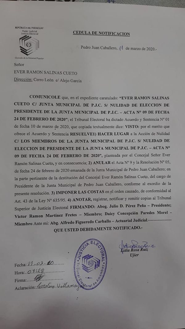 Juez electoral dice que Éver Salinas es el presidente de la Junta Municipal de PJC - Nacionales - ABC Color