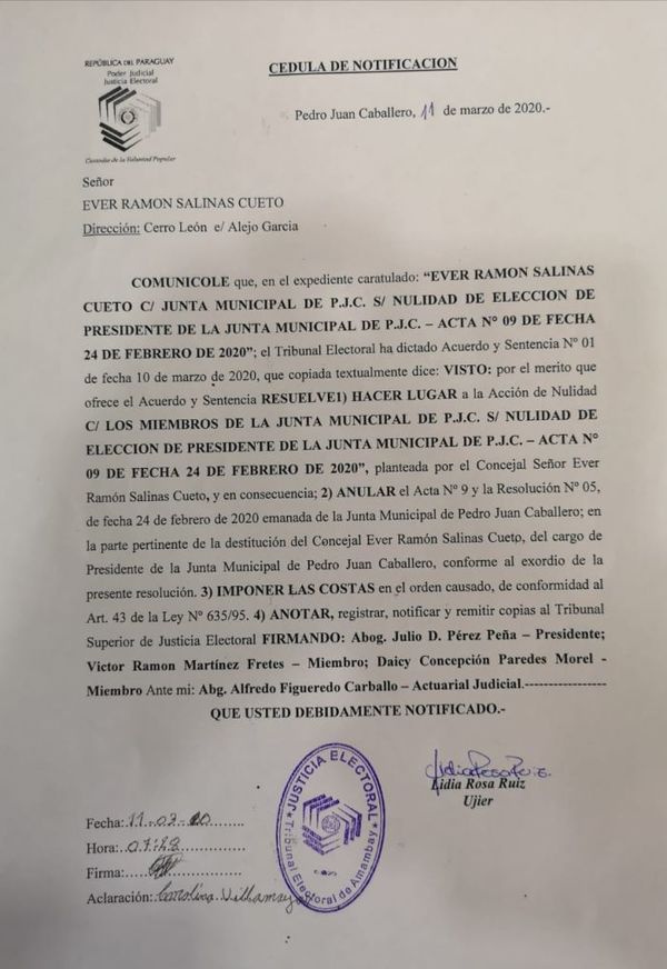 Ever Salinas es el presidente de la Junta Municipal de Pedro Juan