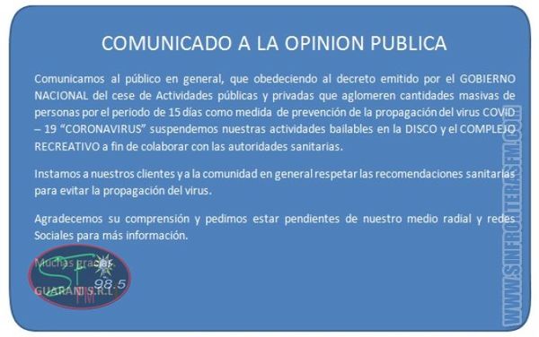 Comunicado de La Disco y Complejo Recreativo 98