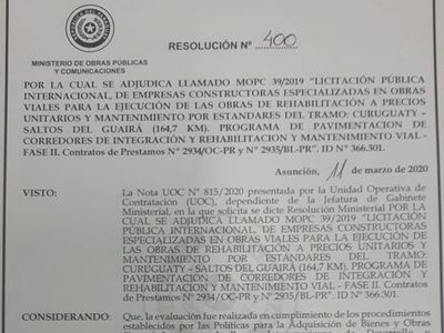 MOPC adjudicó la rehabilitación del tramo Curuguaty-Salto del Guairá - Nacionales - ABC Color