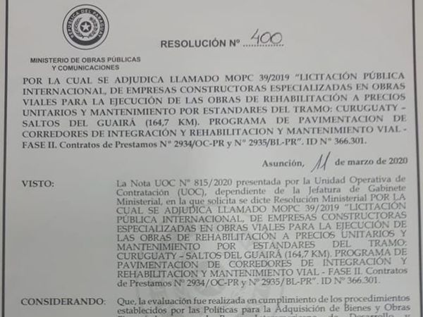 MOPC adjudicó la rehabilitación del tramo Curuguaty-Salto del Guairá - Nacionales - ABC Color