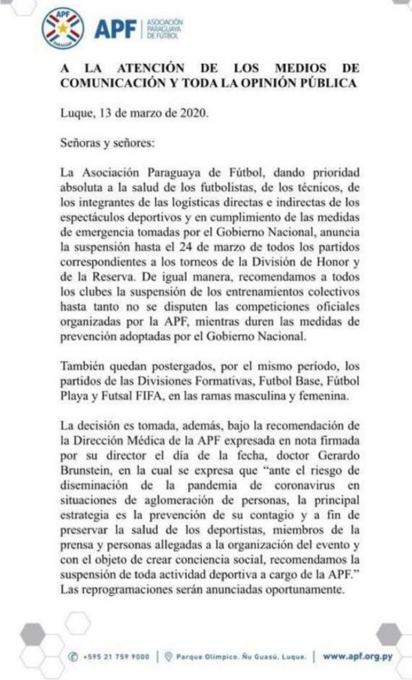 APF suspende el fútbol