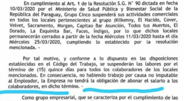 Bares y restaurantes cierran por 15 días y avisan que no pagarán salarios