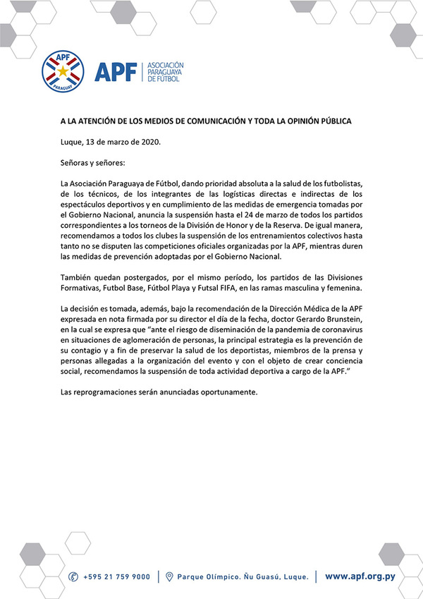 APF suspende el torneo Clausura hasta “nuevo aviso”, y la medida alcanza a todas las demás competencias - ADN Paraguayo