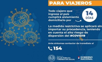 Viajeros que ingresen al país deberán cumplir aislamento por 15 días