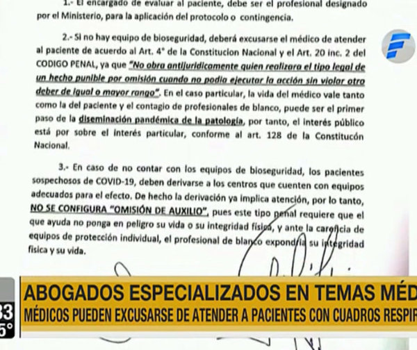 Coronavirus: “Si no cuentan con equipos necesarios los médicos no están obligados a atender pacientes“