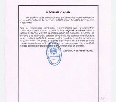 Modifican horario de entrada para funcionarios judiciales asignados durante emergencia sanitaria
