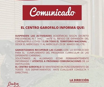 COVID-19: Centro Garófalo acata medidas de restricción y suspende actividades