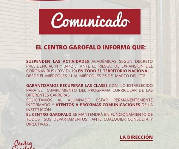 COVID-19: Centro Garófalo acata medidas de restricción y suspende actividades