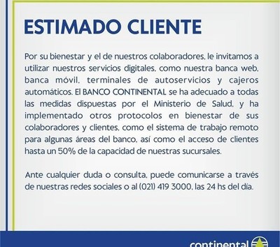 Banco Continental toma medidas estrictas para evitar propagación del coronavirus