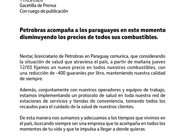 Petrobras acompaña a los paraguayos en este momento disminuyendo los precios de todos sus combustibles