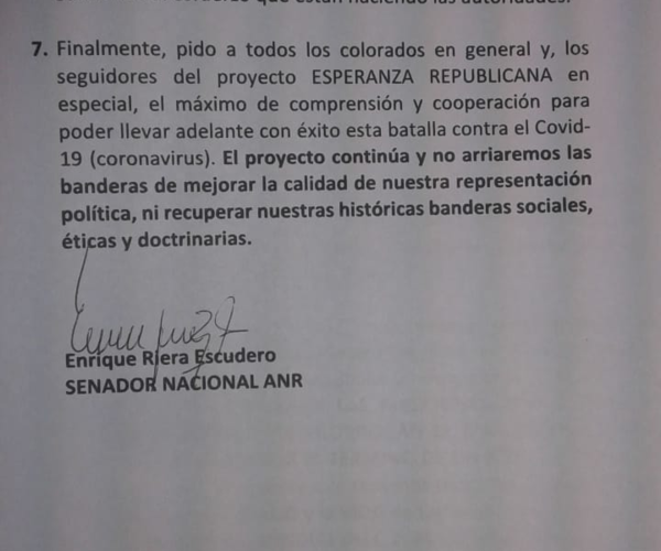 Riera pide postergar elecciones partidarias y municipales