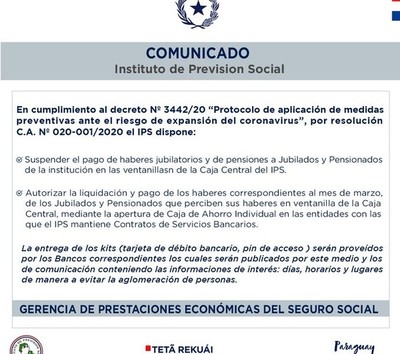 Jubilados y pensionados del IPS cobrarán sus haberes mediante tarjetas de débito