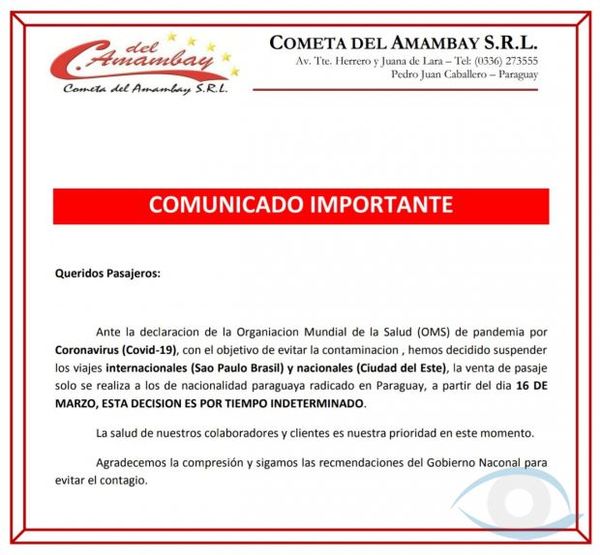 Luego de ser multado por burlar control migratorio, empresa Cometa del Amambay lanza comunicado