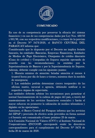Bancos abrirán al menos 4 horas al día durante la cuarentena - Nacionales - ABC Color