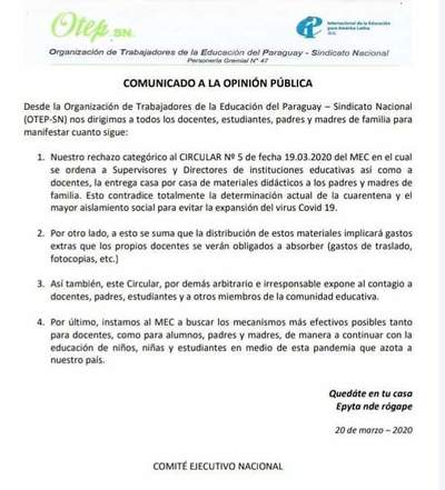 OTEP pide al MEC un mecanismo de solución por la emergencia sanitaria por el Covid-19 - ADN Paraguayo