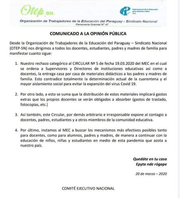OTEP pide al MEC un mecanismo de solución por la emergencia sanitaria por el Covid-19 - ADN Paraguayo