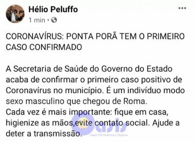 Confirman primer caso de Coronavirus en Ponta Porã