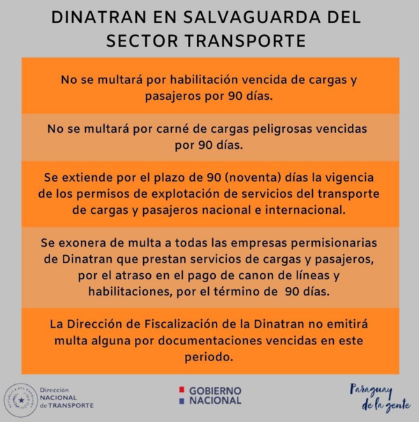 Dinatran no multará por habilitaciones vencidas durante 90 días para apoyar al sector del transporte y asegurar servicio