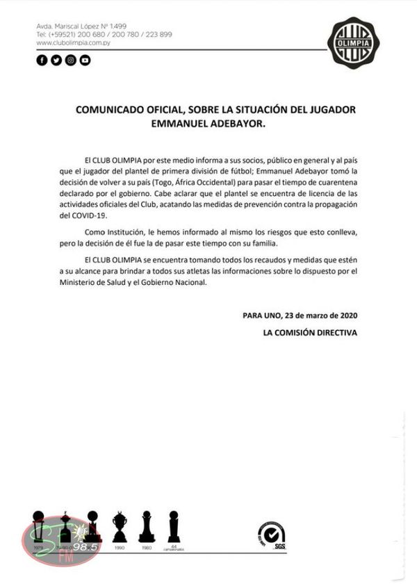 El comunicado de Olimpia sobre el viaje de Adebayor