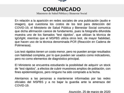 Aclaran sobre cuestionamientos y sospechas de costos para test de coronavirus