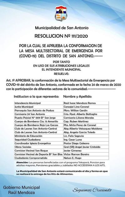 Cuestionan conformación de mesa multisectorial de emergencia por covid-19 en San Antonio - Nacionales - ABC Color