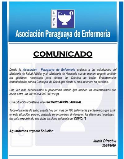 Denuncian que enfermeras del sector público no perciben sus sueldos desde hace tres meses - ADN Paraguayo
