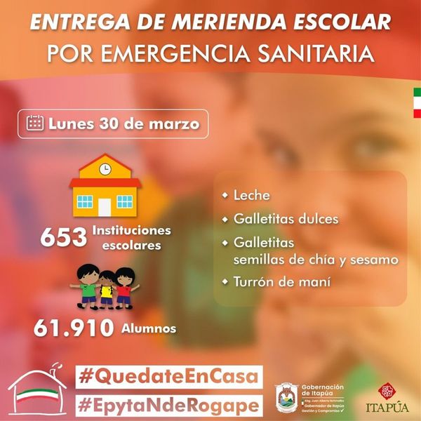 ITAPÚA: ENTREGA DE LA MERIENDA ESCOLAR ESTE LUNES 30 EN CADA INSTITUCIÓN EDUCATIVA.