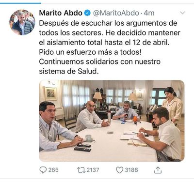 Aislamiento total seguirá hasta el 12 de abril, anunció Abdo