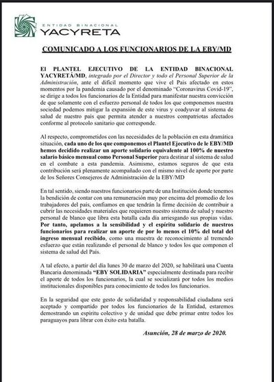 COVID-19: Directivos de la EBY donan sus salarios e instan a todos los funcionarios a dar su aporte - Nacionales - ABC Color