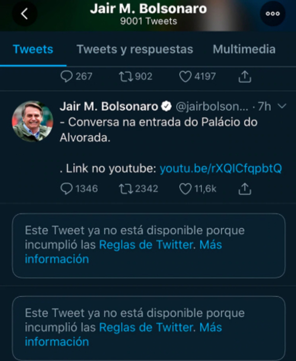 Twitter eliminó publicaciones de Jair Bolsonaro por “violar las reglas de la red social”