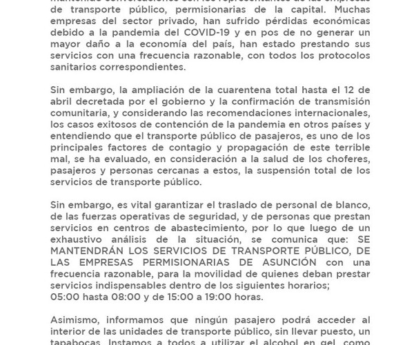 Asunción: buses circularán en horario restringido y pasajeros deberán usar tapabocas