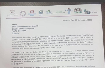 HOY / Sindicatos de Itaipú anuncian tomar medidas legales contra el presidente Mario Abdo por el recorte de salarios