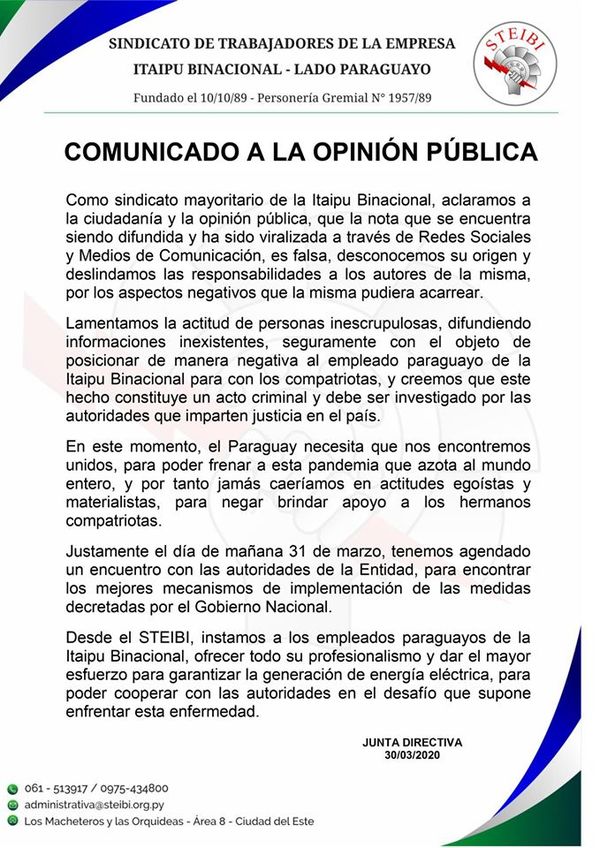 Sindicato de Itaipú asegura que nota viralizada “es falsa” - ADN Paraguayo