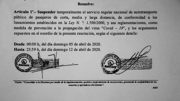 HOY / Dinatran suspende servicio de transporte desde el domingo