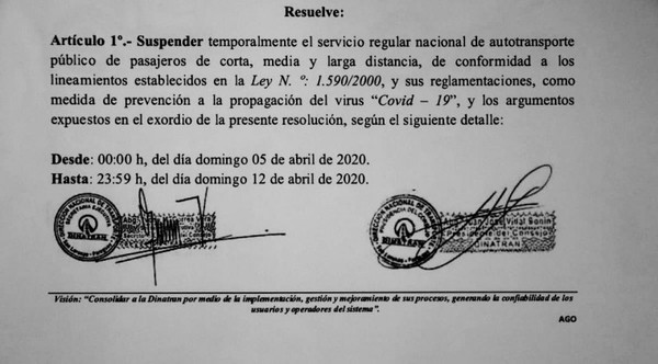 Dinatran suspende servicio de transporte desde el domingo