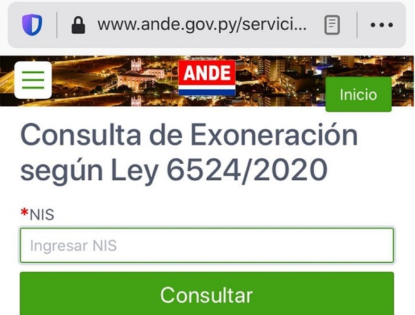 Ande habilita en su página el botón "Exoneración" por la Pandemia