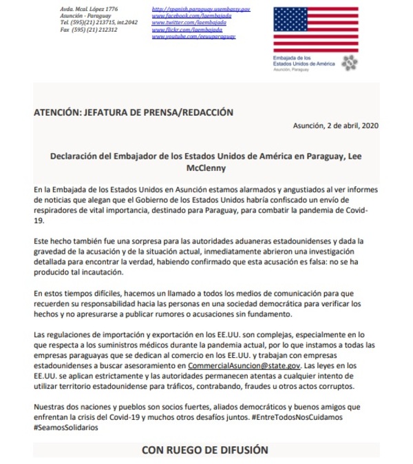 ¿Está o no confiscada la carga de respiradores en EE.UU.? Surgen maraña de versiones, pero ahora la Cancillería mantiene un absoluto silencio - ADN Paraguayo