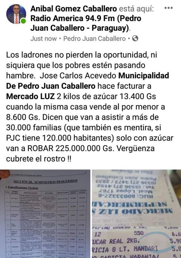 Intendente ratero: Concejales pillan a José C.Acevedo facturando con canastas básicas para gente pobre