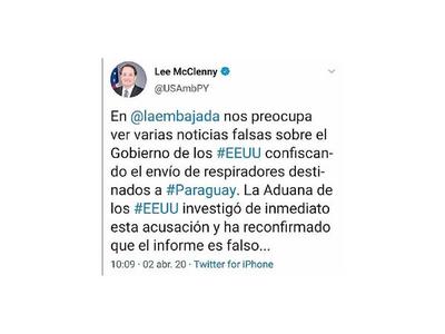 EEUU niega incautación de respiradores para Paraguay