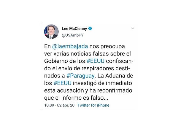 EEUU niega incautación de respiradores para Paraguay