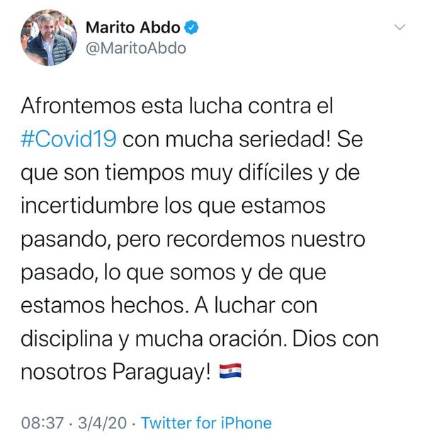 Abdo instó a la ciudadanía a actuar con mucha “seriedad y disciplina”