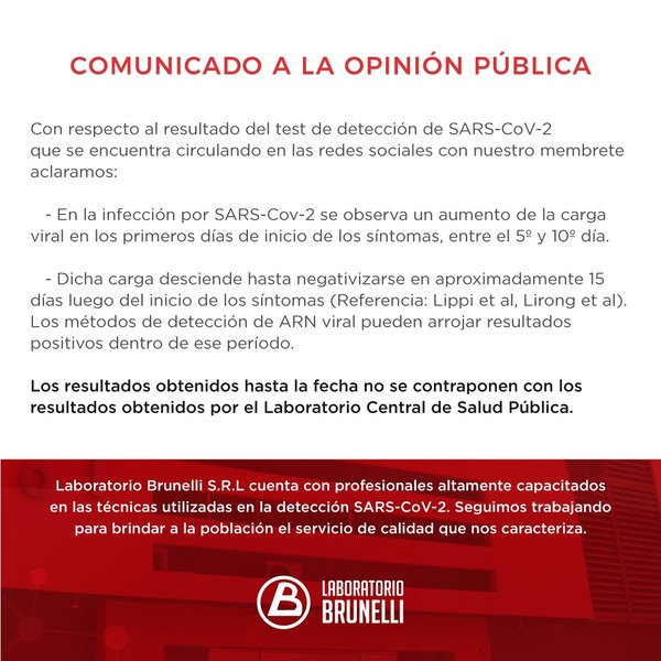 Laboratorio Brunelli emite comunicado en relación a resultado negativo de Covid- 19 » San Lorenzo PY