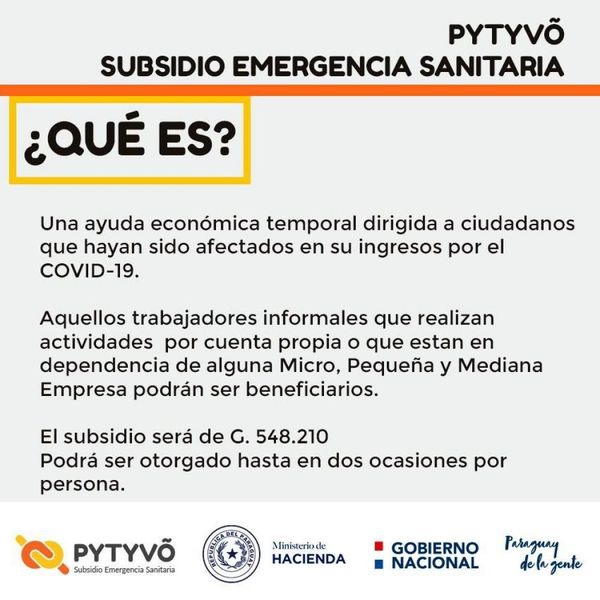 Pytyvõ subsidio a trabajadores afectados por el paro sanitario se iniciará este miércoles