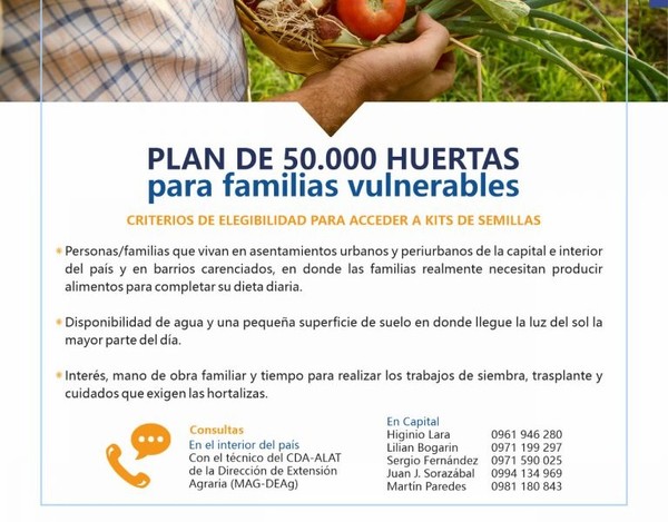 Huertas familiares: MAG establece requisitos y mecanismos para acceder a kits