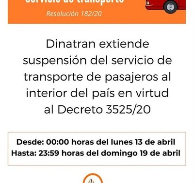 Dinatran extiende suspensión del servicio de transporte de pasajeros al interior