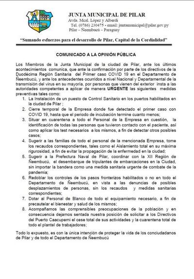 Junta Municipal de Pilar solicita reforzar controles en fronteras y puertos habilitados - .::RADIO NACIONAL::.