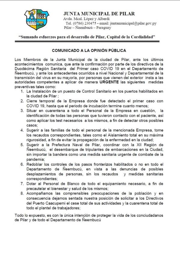 Junta Municipal de Pilar solicita reforzar controles en fronteras y puertos habilitados - .::RADIO NACIONAL::.