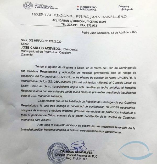 Intiman al intendente Acevedo a que entregue los 2.500 Millones de guaraníes al Concejo Local de Salud
