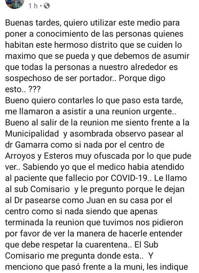 Indignación en Arroyos y Esteros contra médico por incumplimiento de cuarentena - Nacionales - ABC Color